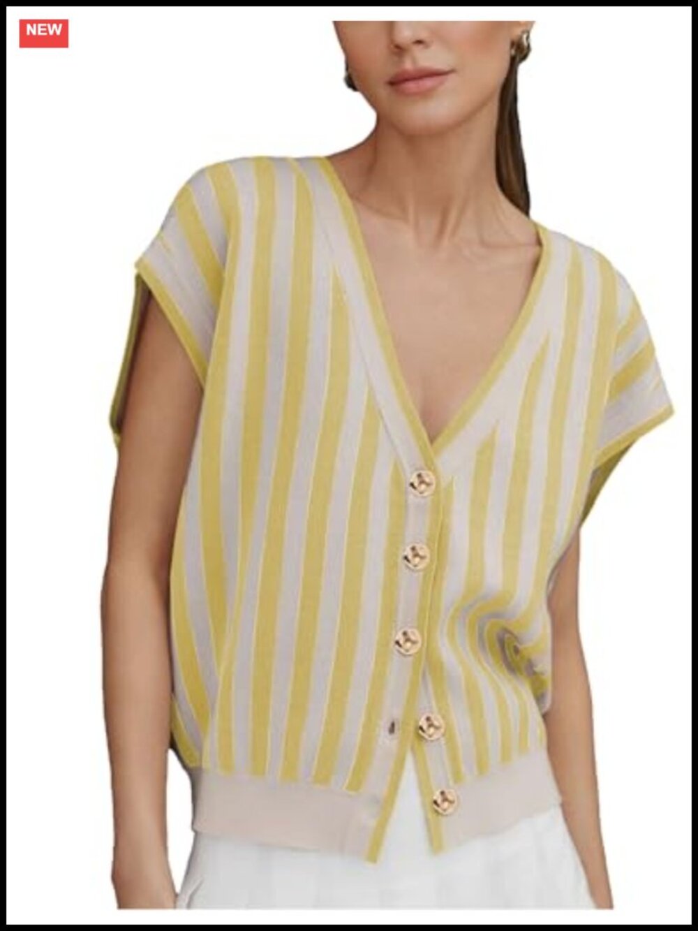 Women's Striped Knit Cardigan Vest Golden Button Cap Sleeve